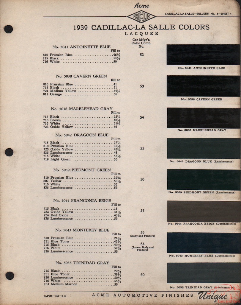 1939 Cadillac Paint Charts Acme 1